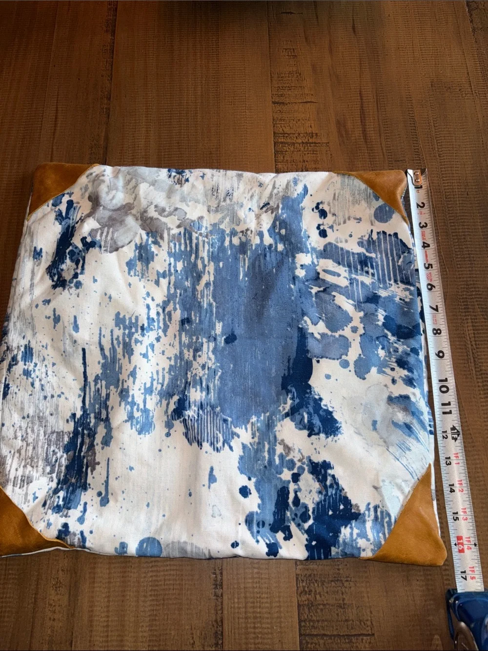 Abstract Blue & White Canvas Pillow cover Tan Leather Corners tie dye 17 x 17